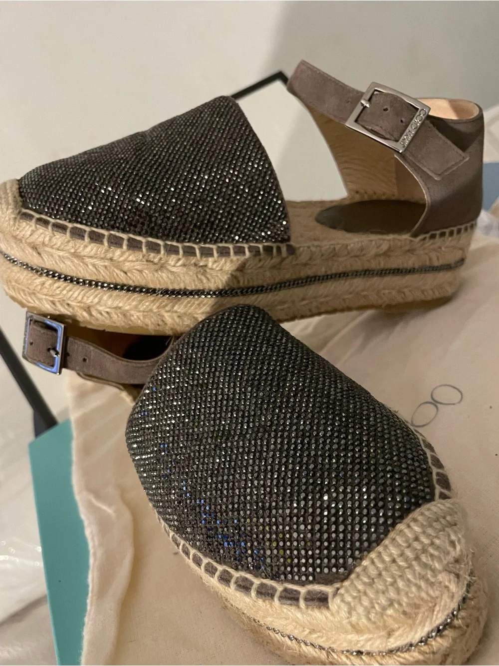 Jimmy Choo Olive Green Suede Delphine Ankle Strap Espadrille Platform Sandals